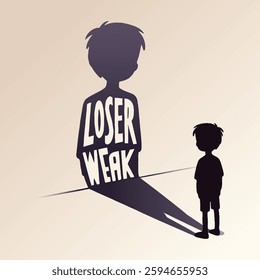 A young boy stands alone, casting a shadow that contains the words "LOSER" and "WEAK," symbolizing the emotional damage and negative self-perception caused by bullying. 