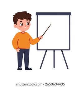 A young boy stands beside a blank presentation board, pointing with a stick. He is wearing casual clothing.