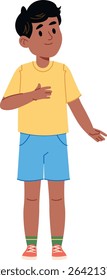 A young boy stands with a friendly expression in a cartoon style. The character wears casual clothes and gestures with one hand. Cartoon vector illustration.