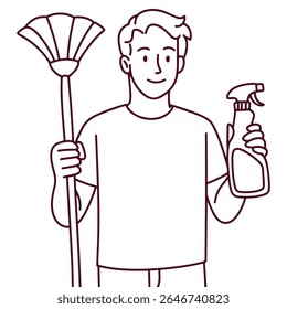 Young boy stands holding spray bottle and duster with proud smile. Represents early responsibility, household chores, independence, and engagement in daily cleaning routines