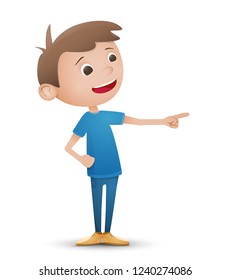 young boy stands isolated on white background and points to the side. vector style flat