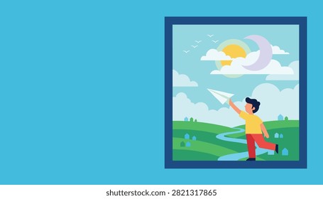 Young boy stands near a winding river in a green landscape, launching a paper airplane into a sky with both sun and moon.