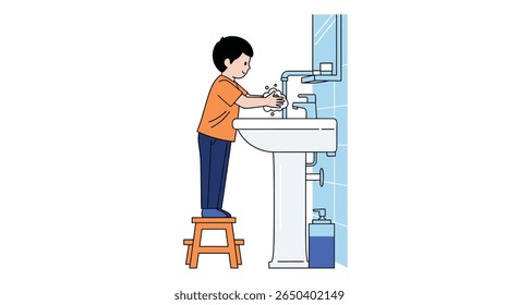 Young boy stands on stool washing hands under running water in bathroom sink keeping clean hygiene