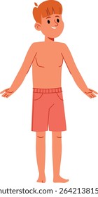 A young boy stands with open arms, wearing swim trunks in a cartoon style. The child has a cheerful expression and short hair, depicted in a playful manner. Cartoon vector illustration.