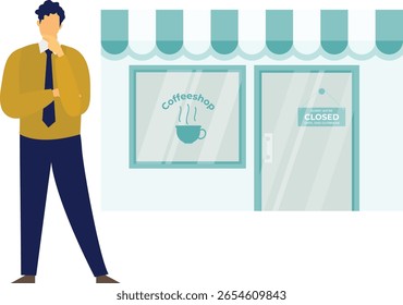 Um menino está do lado de fora de uma movimentada cafeteria, olhando para o menu. O aroma do café recém-fabricado preenche o ar enquanto as pessoas passam em um dia ensolarado.