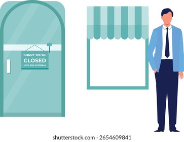 A young boy stands outside a closed shop, hands tucked in pockets, peering through the window with curiosity and anticipation