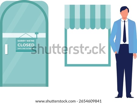 A young boy stands outside a closed shop, hands tucked in pockets, peering through the window with curiosity and anticipation