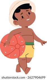 A young boy in a straw hat carries a large beach ball in a cheerful cartoon style.  The smiling child joyfully walks toward the water with his summer toy. Cartoon vector illustration