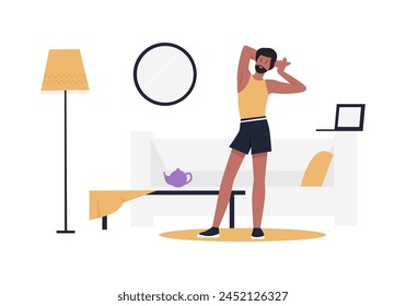 Young boy stretching exercise. Home sport, fitness exercising, healthy lifestyle flat vector illustration