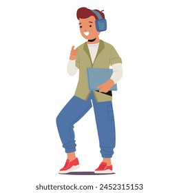 Young Boy Striking Confident Pose In Trendy, Fashionable Attire, Exuding Style And Charisma. Schoolboy Character Posing in Jeans, Longsleeve, T-shirt and Headphones. Cartoon People Vector Illustration