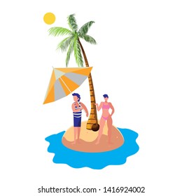 young boy with strong man on the beach summer scene