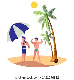 young boy with strong man on the beach summer scene