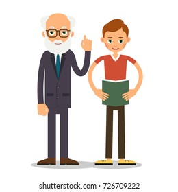 Young boy student reads a book or an summary to an elderly teacher. Teacher pays attention to the error and raises his index finger up. Illustration in flat style. Isolated. Vector