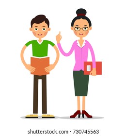 Young boy student reads a book or an summary to an woman teacher. Teacher pays attention to the error and raises his index finger up. Illustration in flat style. Isolated. Vector
