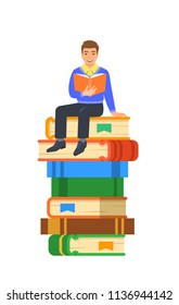 Young boy student reads open book sitting on stack of giant books. High school education concept. Vector cartoon illustration. Exam preparation using paper book. Modern well-educated youth