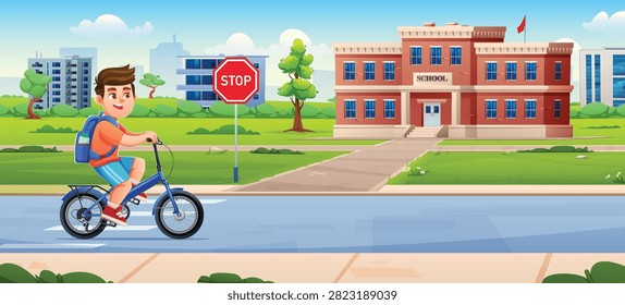 Young boy student riding his bicycle down the street in front of school building. Vector cartoon illustration