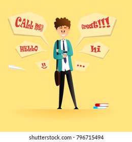 young boy student school in form use  phone message text friends