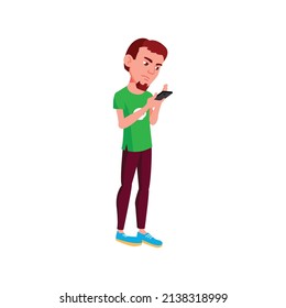 Young boy student searching answer in smartphone character. isolated flat cartoon illustration