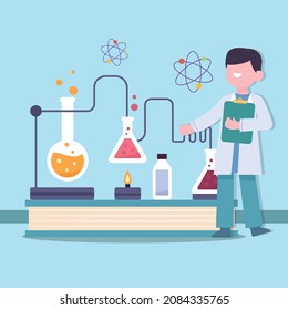 Young boy student showing a process liquid chemistry in   laboratory.  Explosion in the laboratory. Science and education. science is fun. Vector colorful illustration flat.