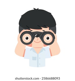 young boy student using binoculars