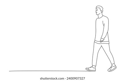 Young boy, student walking. Hand drawn vector illustration. Black and white.