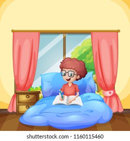 A young boy study in bedroom illustration