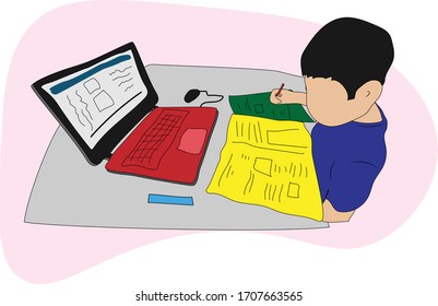 A young boy study in front of a laptop.