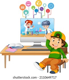 Young boy studying in front of computer  illustration