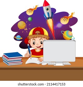 Young boy studying in front of laptop with space objects illustration