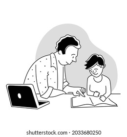 Young boy studying, writing on paper, his parent supervising or tutoring. Online Education, Home Schooling and e-Learning related illustration with editable stroke.