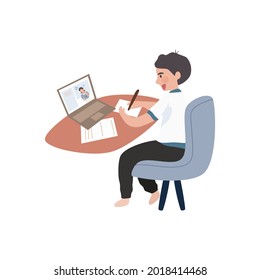 Niño estudiando y escribiendo. Estudiantes miran la laptop. Escuela en línea, aprendizaje, concepto de chat. Ilustración vectorial.
