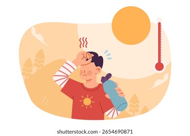 Young boy suffering from dehydration and carrying water bottle while exposed to intense sunlight during hot summer day illustration. Concept of outdoor heat, child health and dehydration awareness