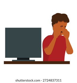 Niño joven que sufre de tensión ocular después de usar la computadora durante largas horas, concepto de salud ocular y tensión ocular digital