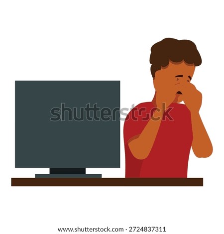 Young boy suffering from eye strain after using computer for long hours, concept of eye health and digital eye strain