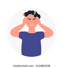 Young boy suffering from strong head migraine. Severe hurting throbbing headache disease effect flat vector illustration