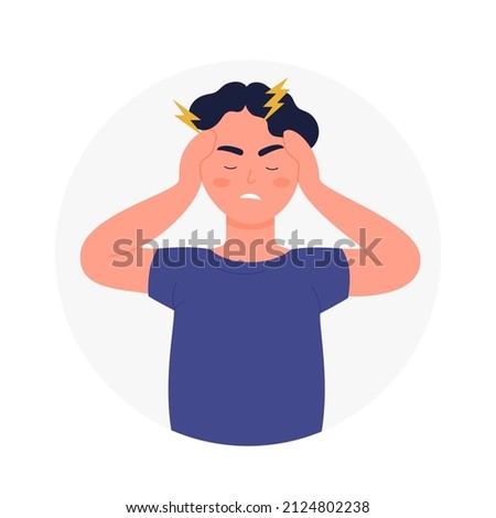 Young boy suffering from strong head migraine. Severe hurting throbbing headache disease effect flat vector illustration