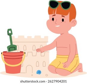 A young boy with sunglasses sits by a sandcastle and bucket in a playful cartoon style. The child enjoys a sunny day at the beach with a shovel and sand pail. Cartoon vector illustration.