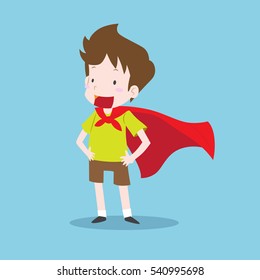 Young boy in super hero pose wearing a red cloak. Boy with green T-shirt and brown shorts and red cloak. Smiling boy personage in flat design isolated on blue background. Cute vector illustration.