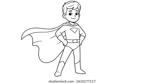 Young Boy Superhero Coloring Page Wearing Simple Flowing Cape Kids Fantasy Power Adventure Character Outline Art
