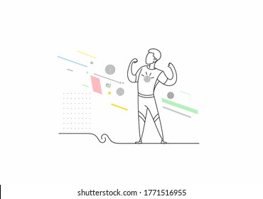 Young boy in superman pose  and activity Line Art drawing, Vector Illustration