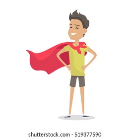 Young boy in superman pose wearing a red cloak. Boy with green T-shirt and gray shorts and red cloak. Smiling boy personage in flat design isolated on white background. Vector illustration.