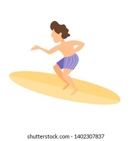 Young boy surfer on the board. Vacation on the ocean or sea. Child have fun. Isolated vector illustration in cartoon style