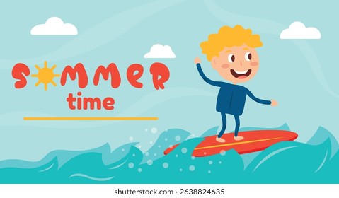 Young boy surfing on sea. Child on surf board on ocean wave. Kid swimming with body board. Active water sports for kids. Funny cartoon character. Vector illustration