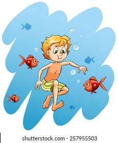 Young boy surrounded with fishes on a white background