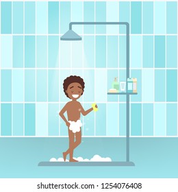 Young boy take shower in the bathroom. Male character standing under the water. Everyday routine and hygiene. Isolated flat vector illustration
