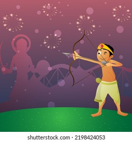 Young Boy Taking An Aim Against Silhouette Demon Ravana On Purple And Green Fireworks Background For Dussehra Celebration Concept.