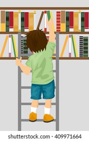 young boy taking book from shelf with ladder in library 