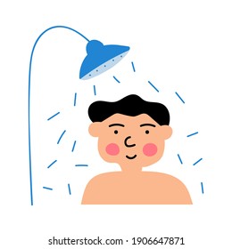 Young Boy Taking Cold Shower. Illustration On White Background. 