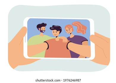 Young boy taking selfie with parents. Hands holding phone with photo of son, mother and father flat vector illustration. Family, relationship concept for banner, website design or landing web page