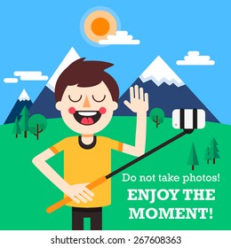 Young boy taking selfie with selfie stick against the backdrop of beautiful landscape. Cartoon characters. Fully editable vector illustration.